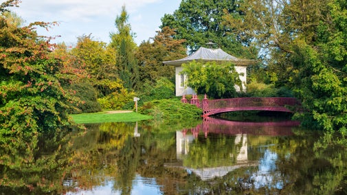 The Chinese pavilion and bridge in autumn at Shugborough Estate, Staffordshire